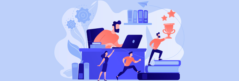 An illustrative image of a hardworking individual standing on two books, holding a trophy in triumph while working at his desk, with two others racing behind—symbolizing success through knowledge and effort.